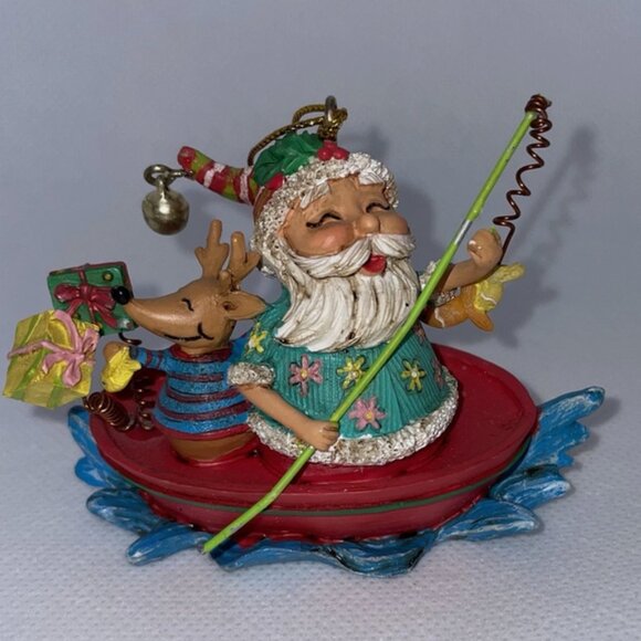 Vintage Beachy Fishing Santa Claus & Reindeer In a Boat Christmas Ornament - Picture 1 of 5